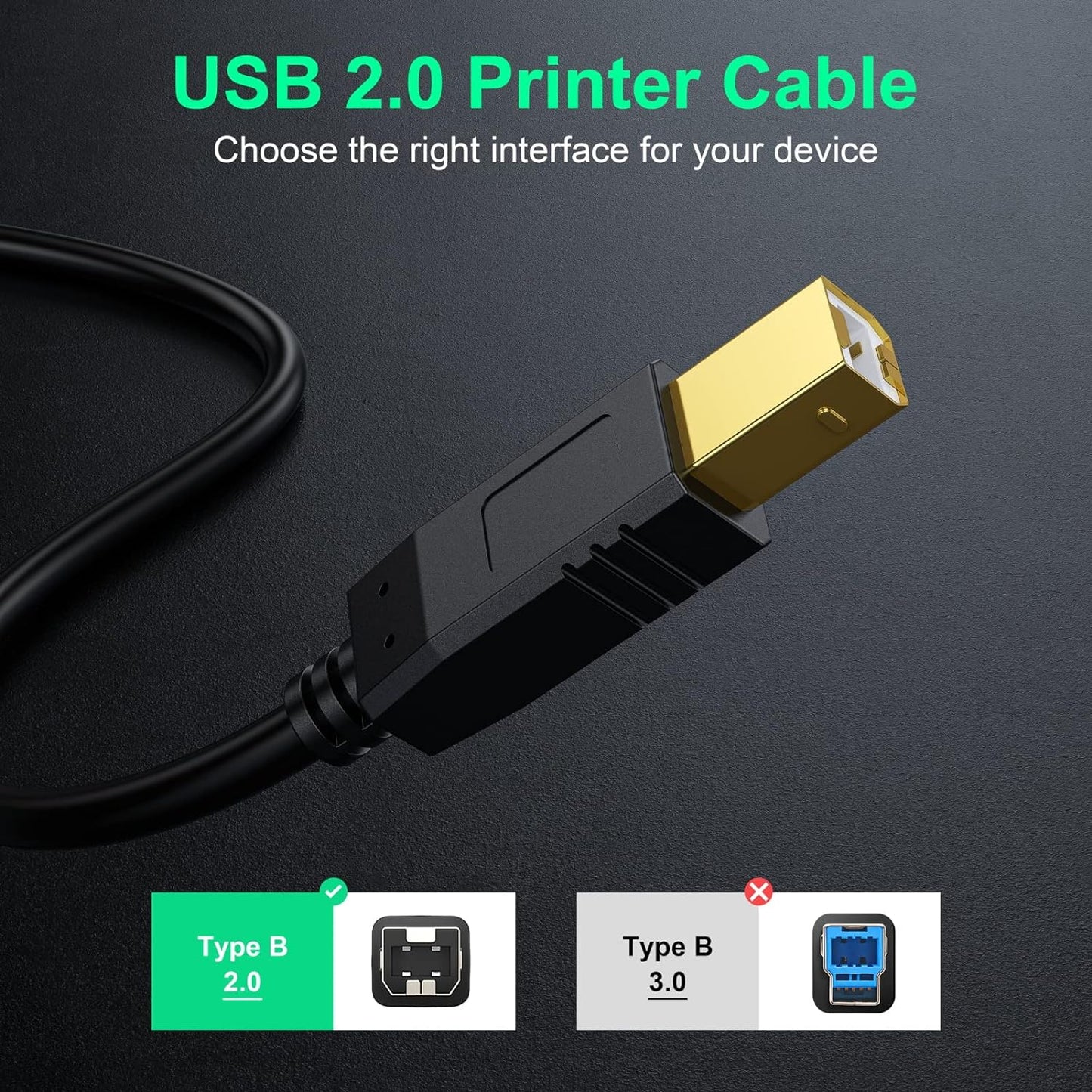 Printer Cable 25 Ft,  USB Printer Cable Cord Type A-Male to B-Male Printer USB Cable for Printer/Scanner-Gold-Plated