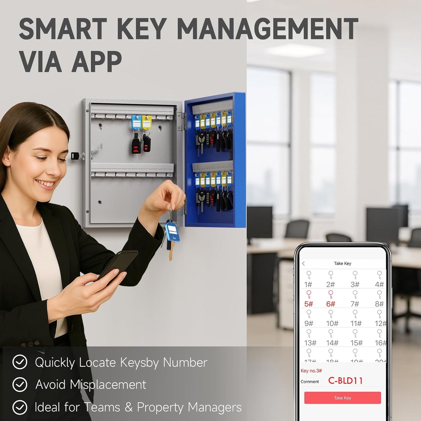 32 Key Lock Box Wall Mount, Smart Security Storage Lockbox with Key Tags, Key Cabinet Use APP Bluetooth/Fixed/Dynamic Password/Otp Share Unlock, Key Management for Valets/Realtors/Office/Hotel